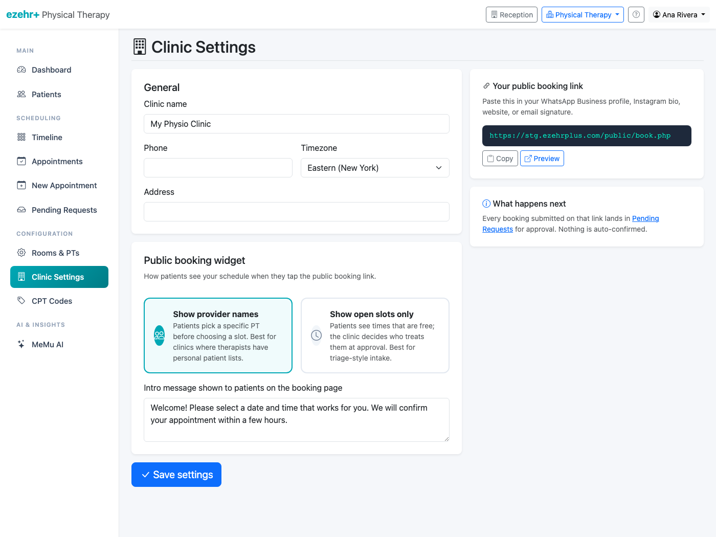 Clinic settings — identity, hours, booking policy
